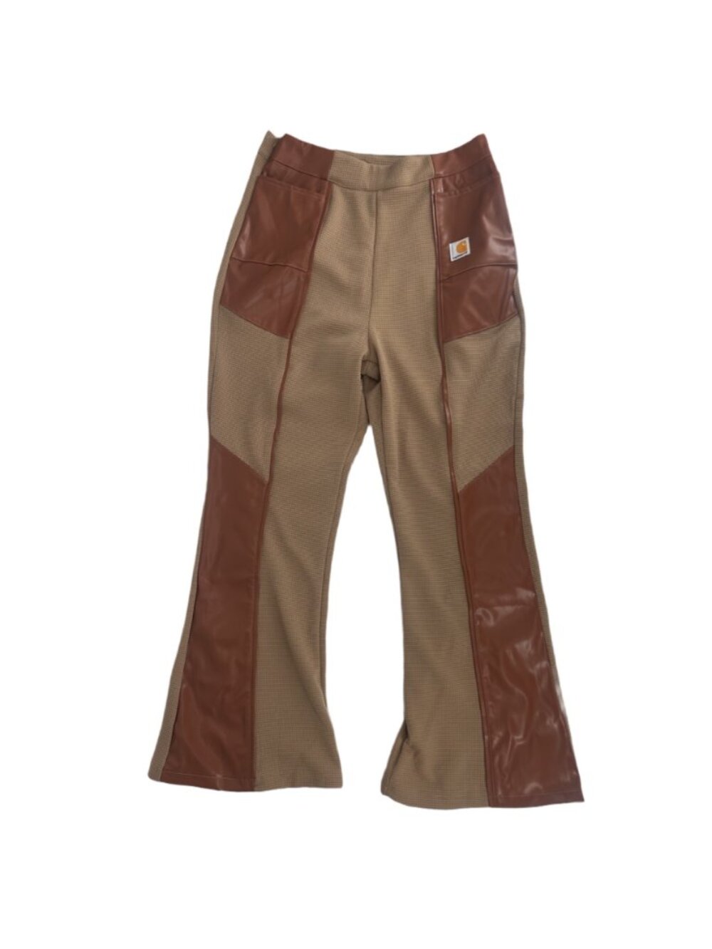 Beige Caramel Patchwork Flare Pants Medium Contrast Faux Leather Y2K Streetwear - Picture 4 of 6